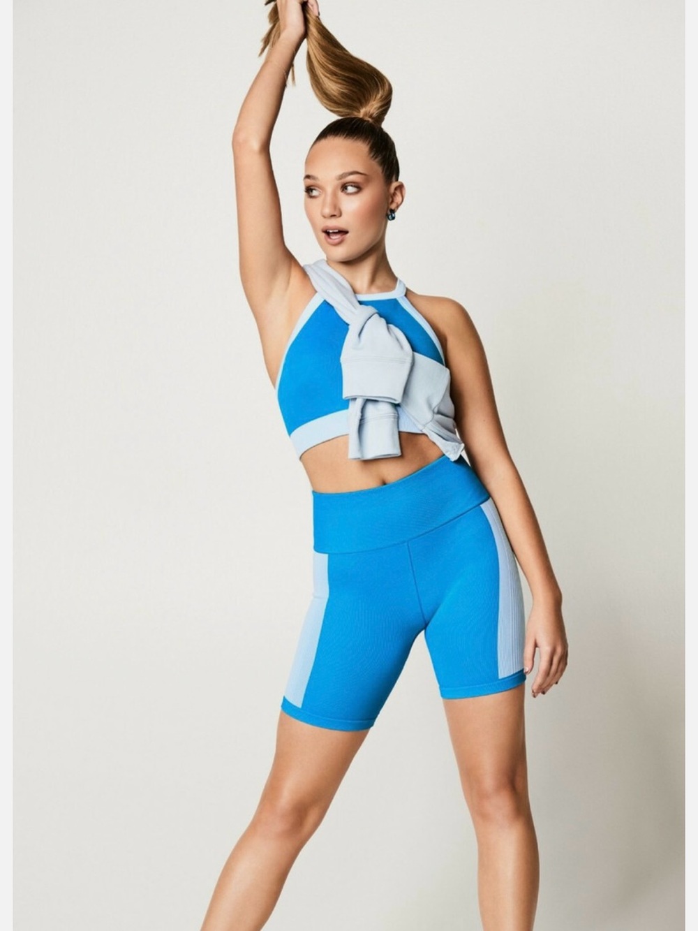 Fabletics Bright Blue and Light Blue Cropped Bra Top and Bike Shorts Set- M